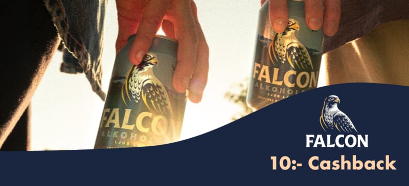 10 kr cashback - Gäller på 6-pack 0,0 % eller 6-pack Falcon Smakfull 0.5 %